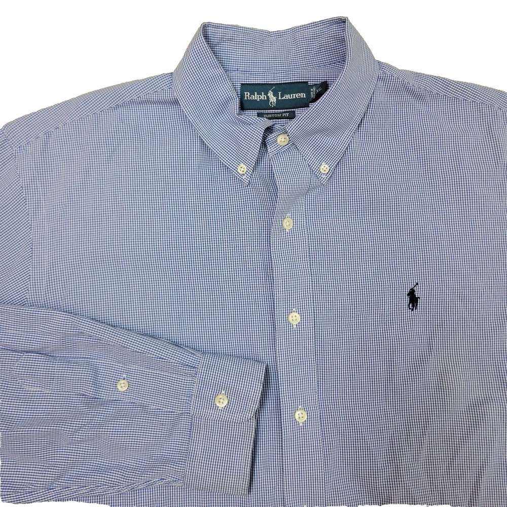 Ralph Lauren Blue Label Custom Fit Mens XL Blue Check Black Pony Button Down